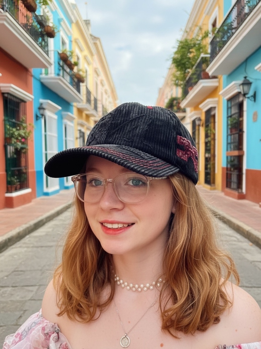 Free People Corduroy Black Baseball Cap with Pink Stitching